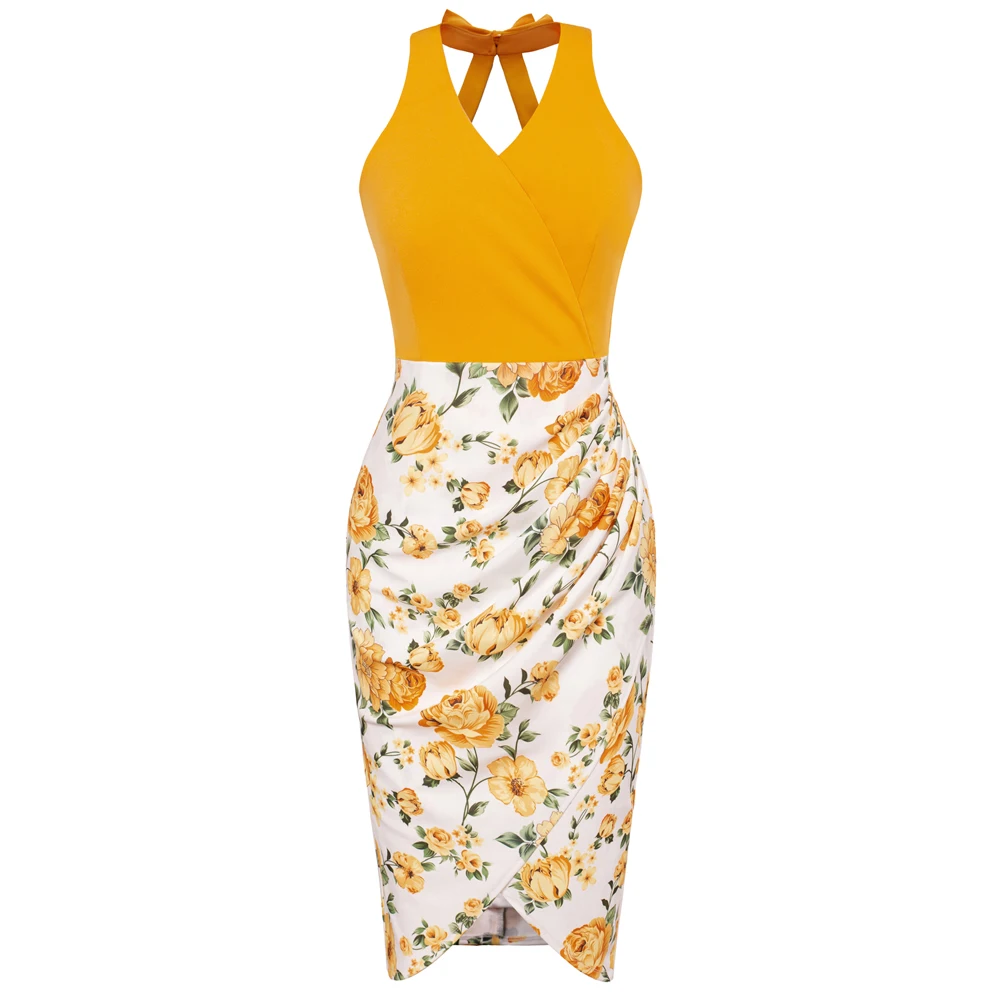 

BP Women Vintage Wrap Hem Dress Surplice V-Neck Halterneck Bodycon Dress