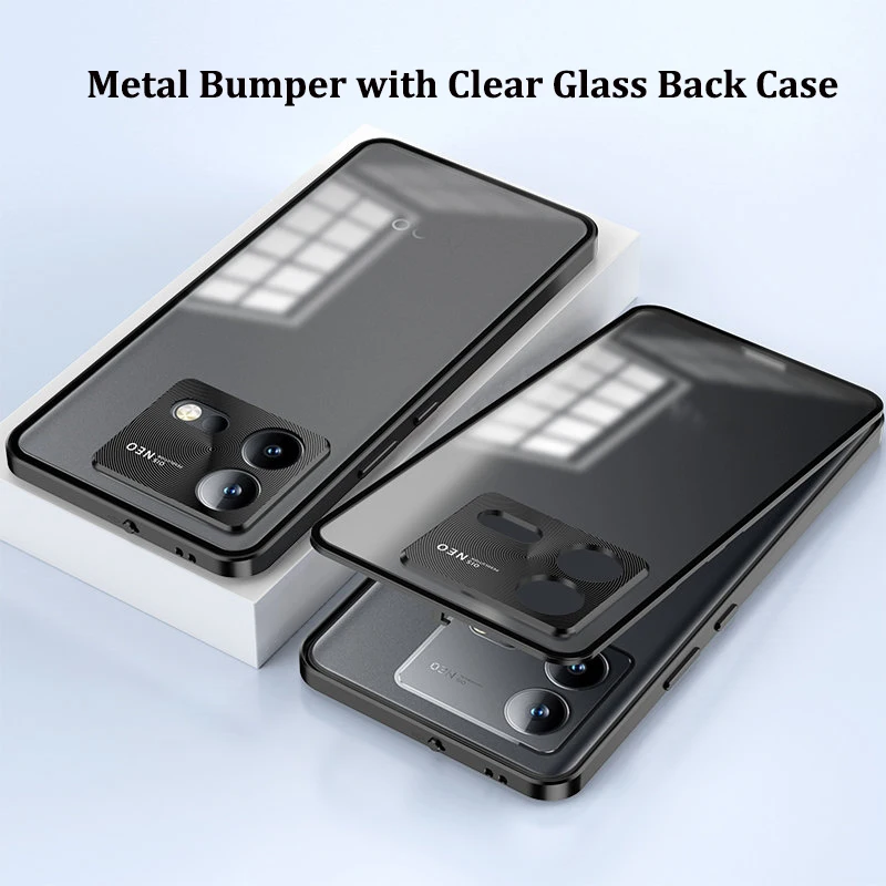 

Vivo IQOO Neo8 5G V2301A Magnetic Case Metal Aluminum Bumper with Back Tempered Glass Clear Hard Case for IQOO Neo8 Pro V2302A
