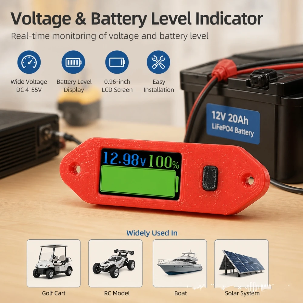 Compact 0.96 Screen Battery Level Indicator for Multi-Cell Lithium and Acidic Batteries