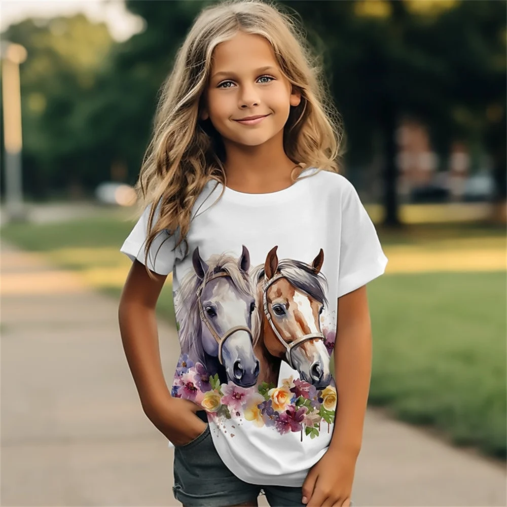 Girls tee shirt girls t shirt t shirt kids t shirt For Girls Cartoon Animal Horse Girl T Shirts Kids Gift Tee Short Sleeve Casual Top Tee Children's Clothing