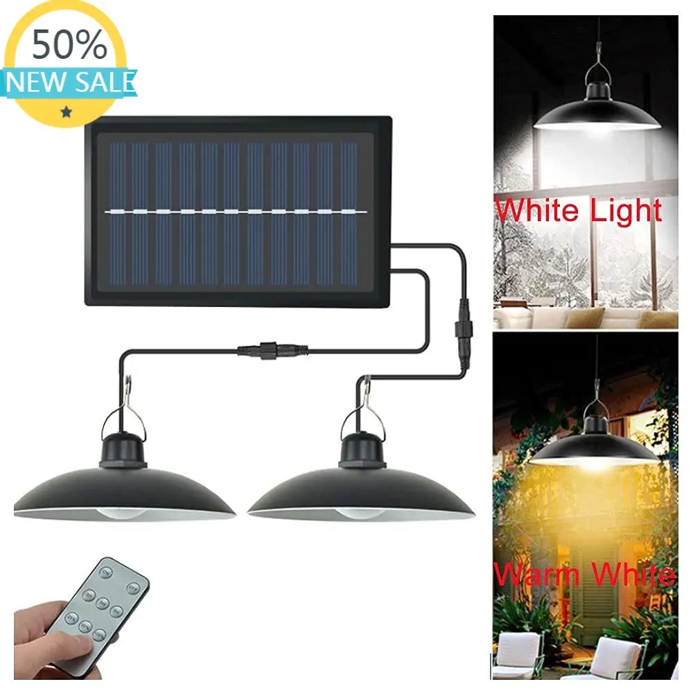 Solar Pendant Light with Double Head Shed Light Waterproof 4800mAh Remote Solar Powered Hanging Spotlight for Garden Yard Garage