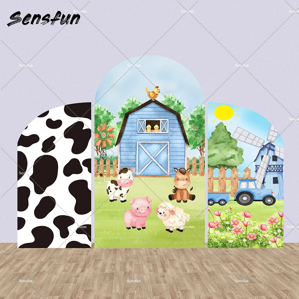 

Boy Birthday Arch Backdrop Cover Cow Prints Wall Arched Double-Sided Covers for Barn Farm Baby Shower Decorations