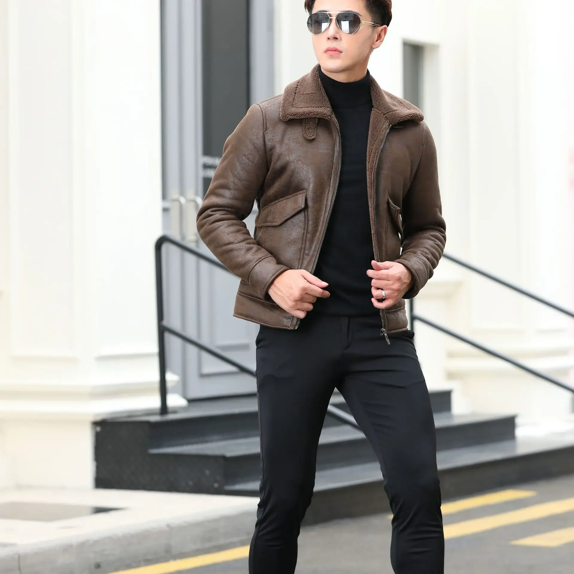Fall/winter men's suede jacket plus velvet Man lapel thickened warmth fashion boutique faux leather outer/large size men PU coat