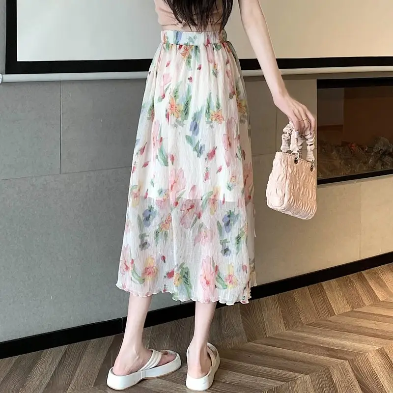 Fairy Broken Flowers A-Line Skirts Summer High Waist Elastic Women's Clothing Folds Stylish Split Drawstring Bow Midi Skirts New