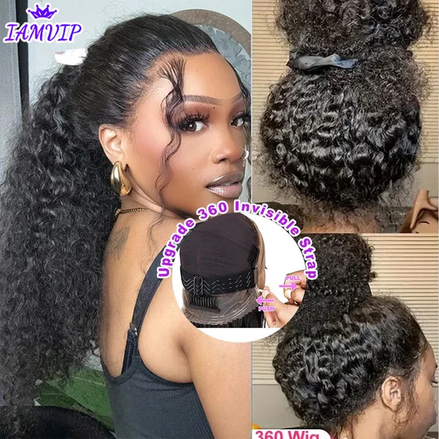 250 densité HD Invisi sangle 360 pleine dentelle frontale crépus bouclés perruque 30 pouces noir cheveux humains cordon confortable eau perruque sans colle 1