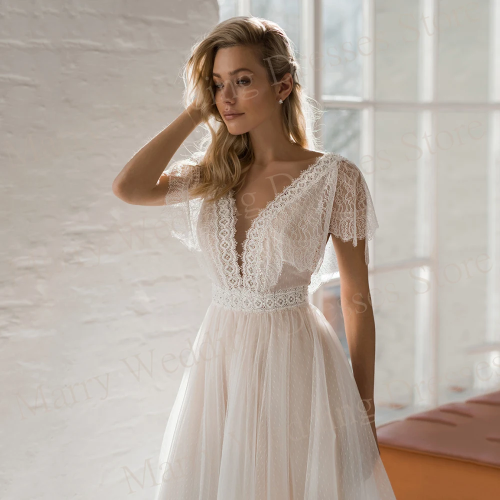 2024 Bohemian Classic A Line Women's Wedding Dresses Lace Appliques Bridal Gowns V Neck Backless Tulle Robe De Mariee Customized 3