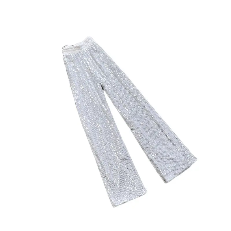 2023 Spring Summer New Y2K Solid Color Sequined Loose Casual Fashion Wide Leg Trousers Women Elastic Waist Shiny Straight Pants