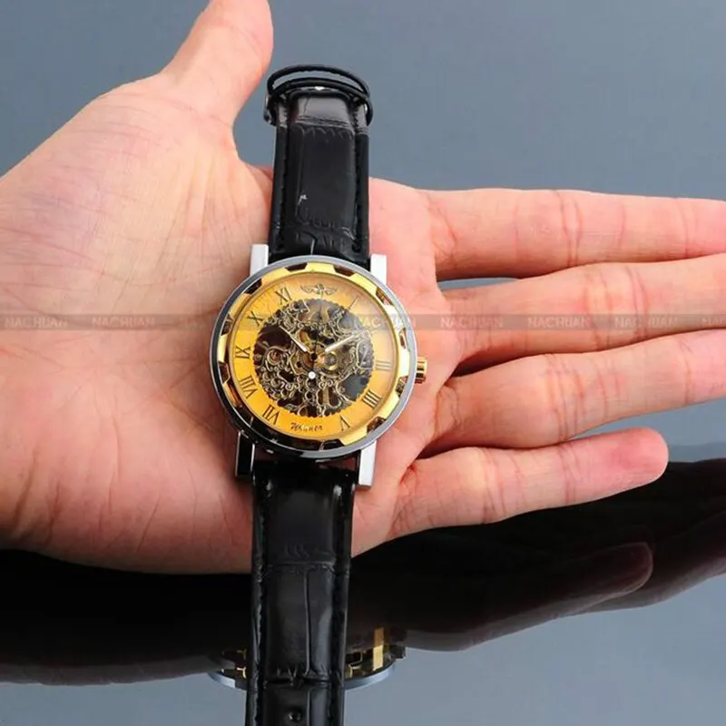 Mechanical Watch Men Stainless Steel Skeleton Luxury Fashion With Black Leather Strap 1pc For Business