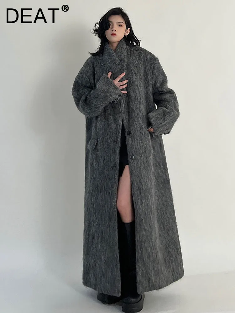 

DEAT Fashion Women's Woolen Coat Notched Collar Single Breasted Full Sleeve Solid Color Overcoat Female Winter 2024 New 7AB3094