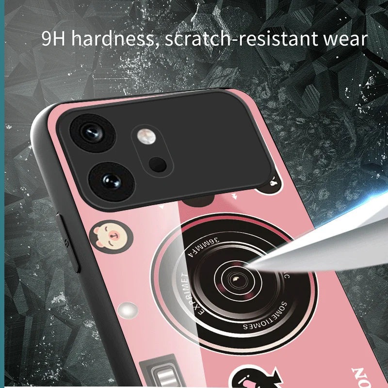 Premium Tempered Glass Case with Camera Pattern Design - Protective Back Cover