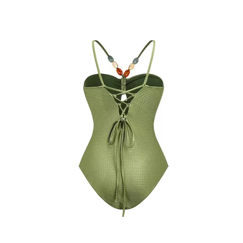 2023 Women Summer Green Print Sexy Drawstring Swimsuit Sets Vacation Push Up Swimwear Beach Bikini with Skirt Bathing Suits
