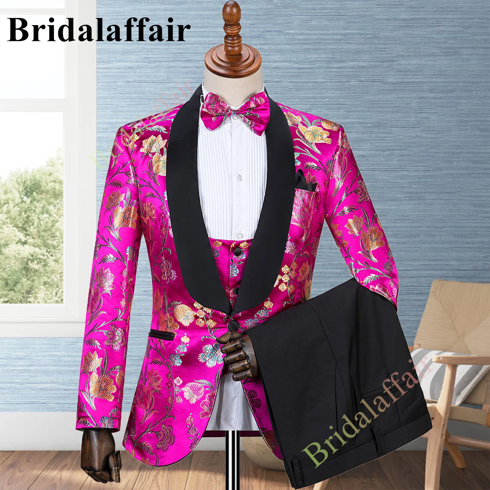 Bridalaffair Mens Suits Slim Fit Floral Printed Wedding Tuxedos Suit For Men 3Pcs Blazer Suit Jacket Vest Pant Costume Homme