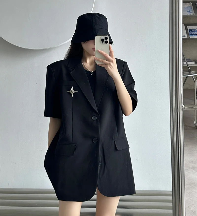 Leisure Single Breasted Loose Jacket Short Sleeves Women New Punk Gothic Fashion Balck Cardigan Summer Office Ladies Pocket Coat