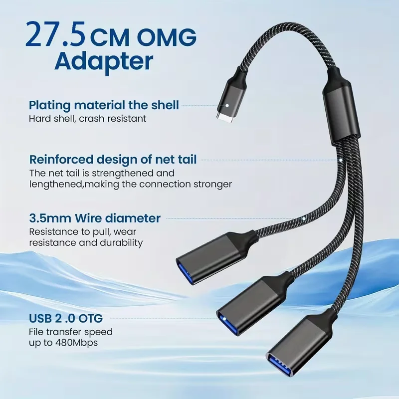 USB 1-3 연장 케이블, 1입력 3출력, USB-C 1개의 남성 커넥터를 3개의 여성 커넥터로 변환하는 어댑터, USB 다기능 고속 충전 케이블-C 인터페이스
