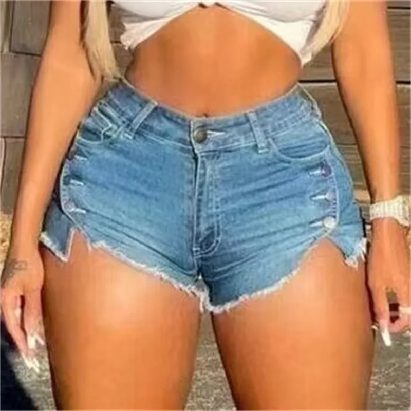 Sexy High Waist Button Splicing Tassel Denim Shorts Female Summer Casual Trend Streetwear Women's Flared Three Quarter Pants New