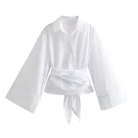 2025 Women Long Sleeve Kimono Shirt Double Breasted Satin Silk Feel Polo Collar Belted Office Chic Spring Autumn Party Blouse - Image 5