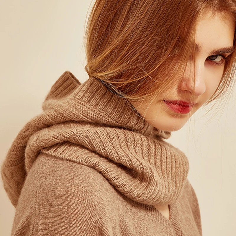 Unisex 100 % Wolle gestrickte Sturmhaube Winter Ohr Gesicht Hals schützen einteilige Schal Mütze weiche warme Kapuzenmützen Twist falscher Kragen – Detail 6