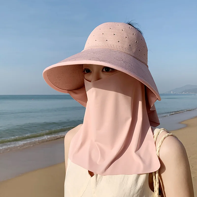 Summer Outdoor Sun Hat Large Brim Shawl Sunscreen Hollow Top Hat Removable Face Mask Fisherman's Breathable UPF50+