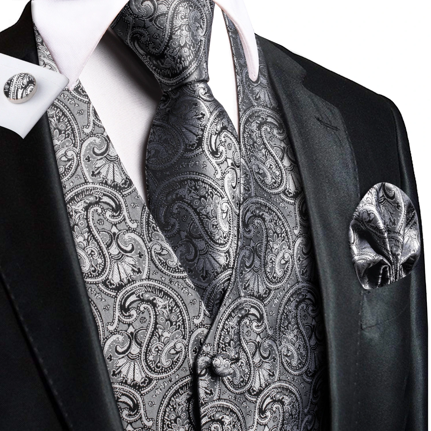 Silk Mens Vest Tie Set Jacquard Paisley Floral Sleeveless Jacket Slim Suit Waistcoat Necktie Hanky Cufflinks Wedding Business