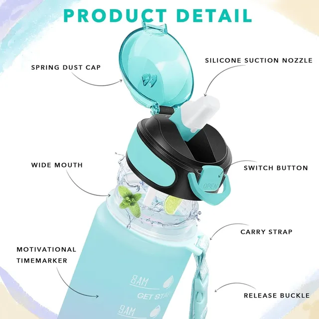 32 oz Drinking Water Bottle with Times to Drink and Straw, Motivational with Carrying Strap, Leakproof BPA & Toxic Free 2