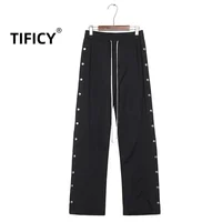 High Street Elastic Waist Ro Black Pant Men's Dark Breasted Straight Leg Casual Wide Leg Loose RO Pants  Men Clothing 1