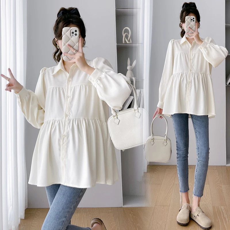 Korean Style Maternity Formal Shirts Long Sleeve Loose Turn-down Collar Button Fly Pregnant Woman Ball Gown Blouse Pregnancy Top