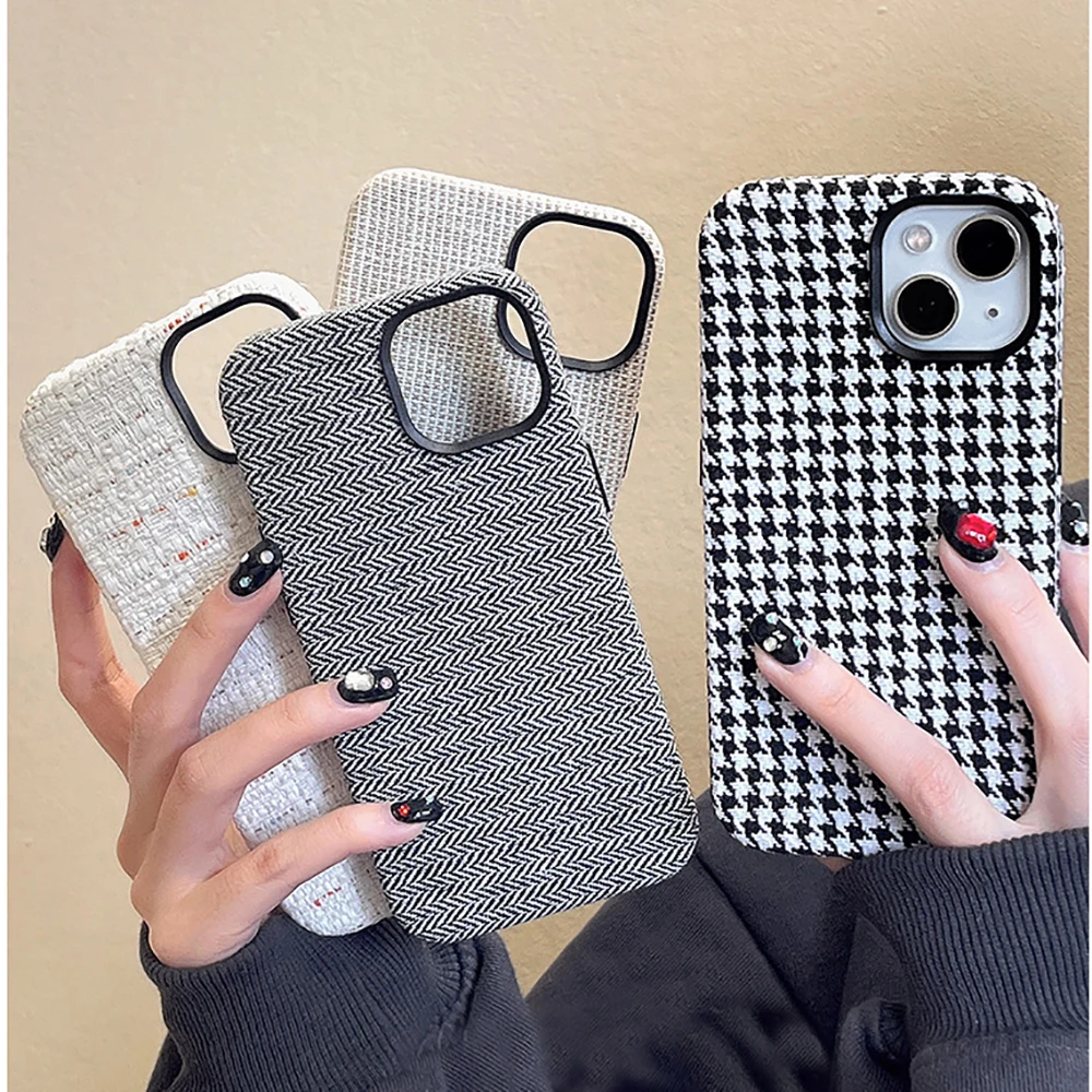 

Luxury Fabric Weaving Shockproof Phone Case For iPhone 14 13 12 11 15 Pro Max Bumper Soft Winter Warm Plush Fur Back Cover Capa