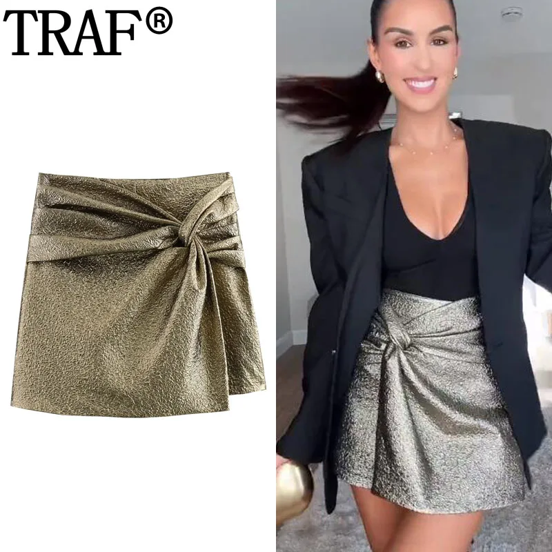 

TRAF Skort For Women Knotted Mini Skirt Pants High Waist Women's Skort Pleated Gold Short Skirt Woman Fashion Autumn Y2K Skirt