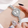5PCS Women Silver Watch Fashionable Heart Shaped Dial Quartz Wristwatch Retractable Chain Strap Watch Jewelry Set Gift For Her 2