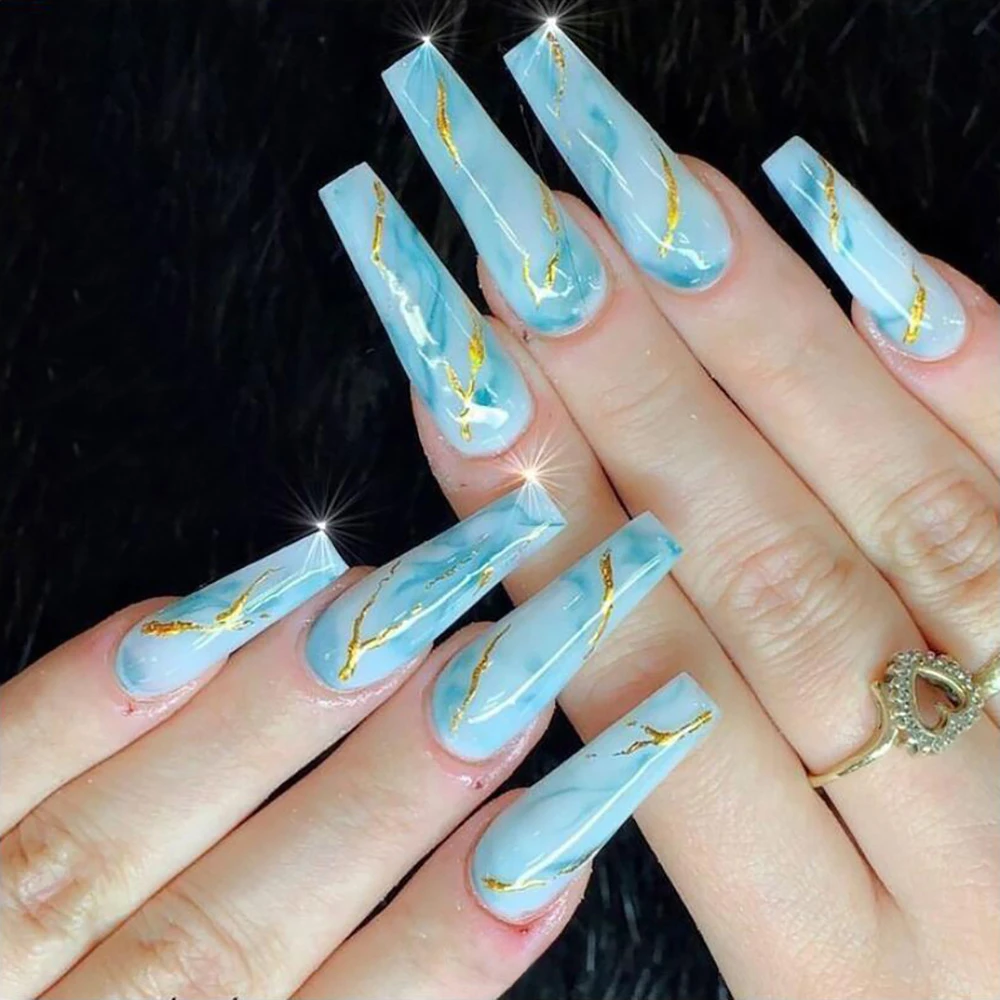 24pcs/box Blue Marble Gold Lines False Nails Press On Self Adhesive Full  Cover Manicure Tips Long Ballet Fake Nails Decoration - False Nails -  AliExpress