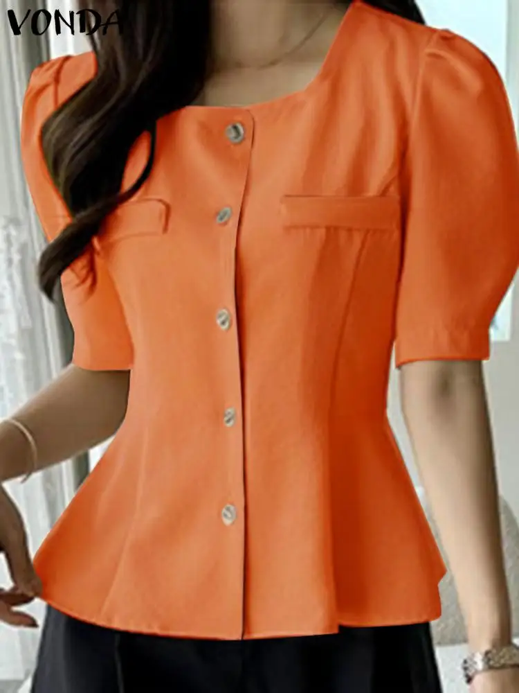 VONDA Women Blouse 2024 Summer Tunic Fashion Solid Color Top Casual Loose Shirts Sexy Square Neck OL Office Blusas Femininas