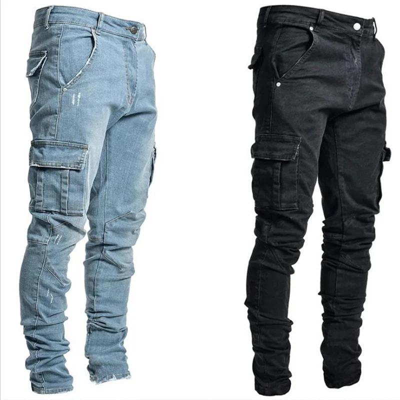 

Fashion Streetwear Men Slim Jeans Wash Solid Color Multi Pockets Denim Mid Waist Cargo Jeans Casual Trousers Male Daily Wear