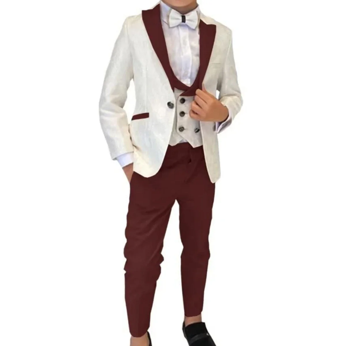 Boy Suits Costume Child Ivory Jacquard Jacket Sets Flower Boys Formal Party Suit Kids Wedding Suits Tuxedo (jacket+vest+pants)