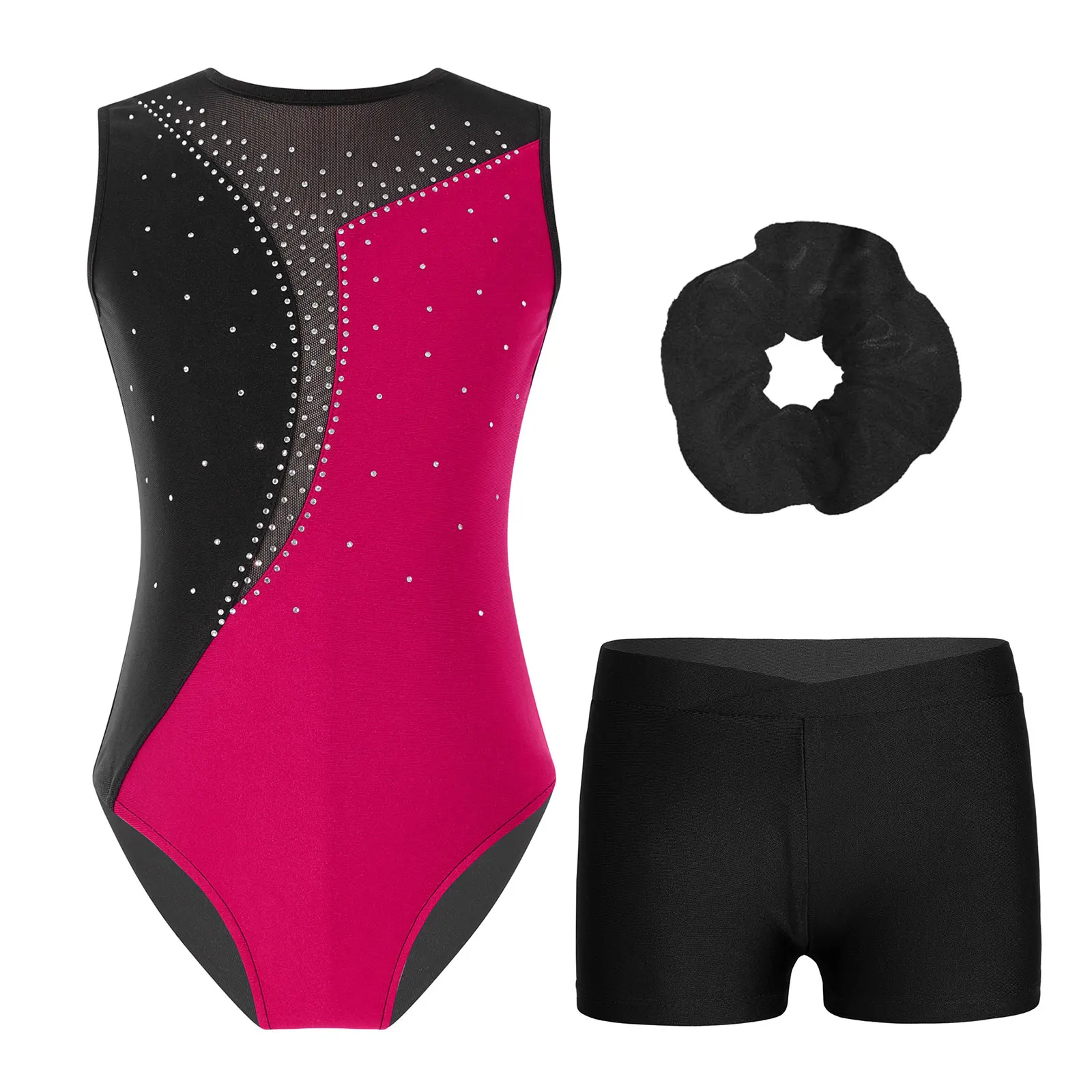 Kids Girls 6 to 16 Years Dance Gymnastics Workout Jumpsuits Sleeveless Shiny Rhinestones Leotard with Shorts Hair Band Set
