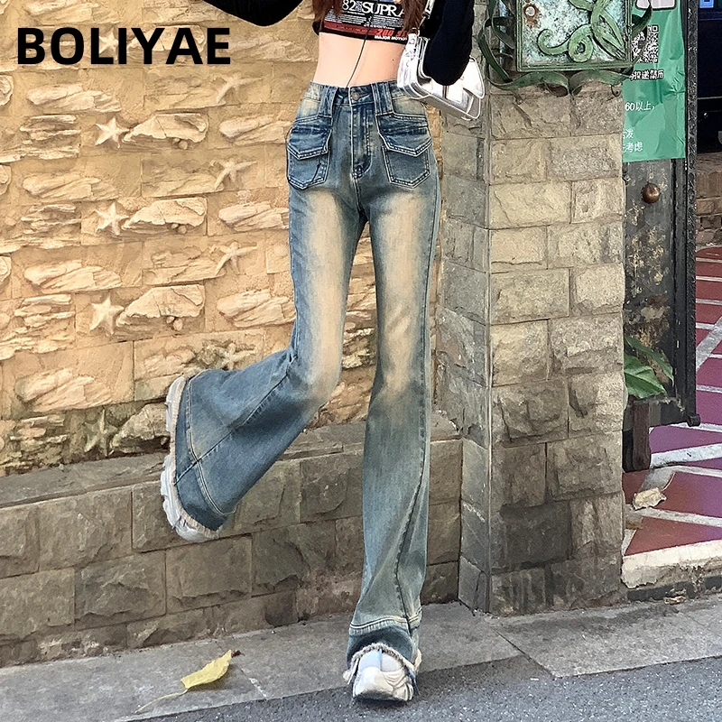 Boliyae Slim Flare Jeans Women 2024 High Waisted Denim Pants High Street Elasticity Trousers Washed Vintage Chic Clothes Female