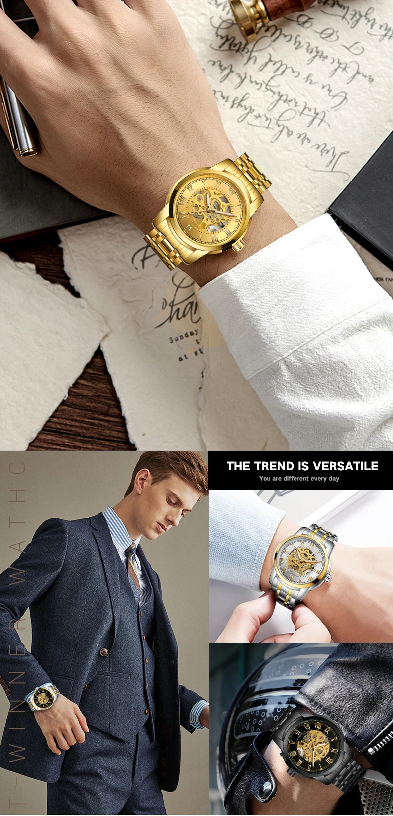 2024 WINNER Roman scale Skeleton Mechanical Wristwatch Retro Luminous Hands Luxury Brand Gold Cool Men Watches Stainless Steel
