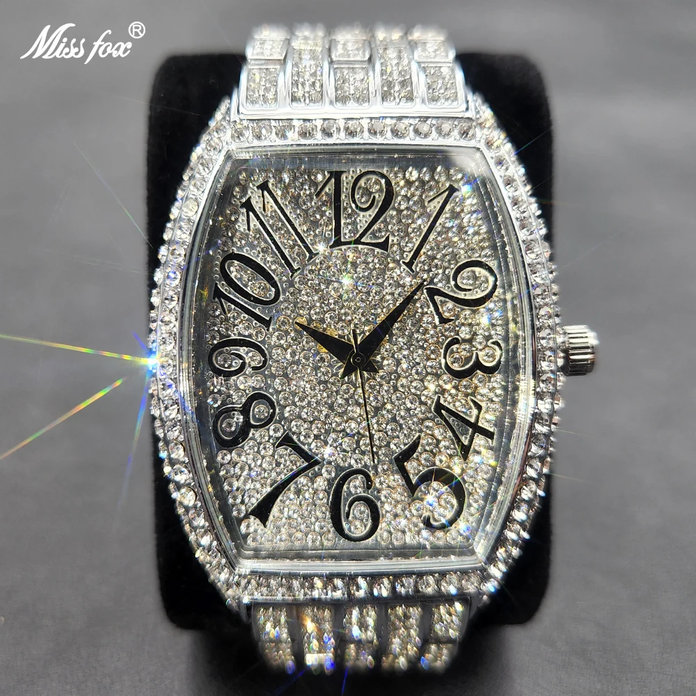 Luxury Ice Out Mens Watches Popular Tonneau Full Diamond Silver Geneva Male Watch Hip Hop Original Waterproof relogio masculino