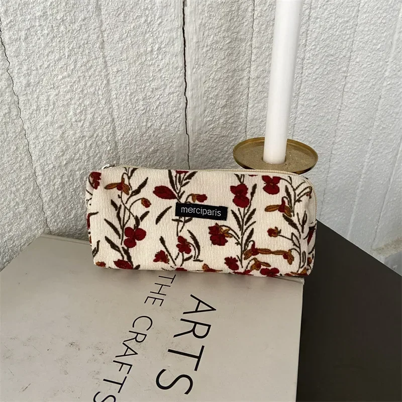 Women Corduroy Flower Cosmetic Bags Travel Brush Lipstick Storage Case Female Makeup School Stationery Pencil Cases 6