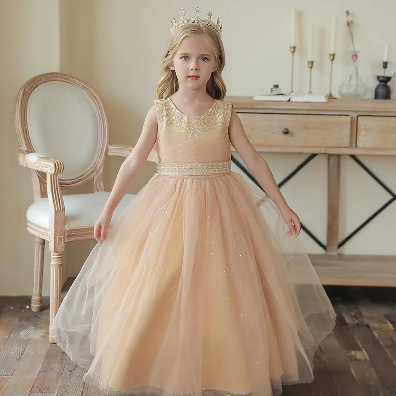 

Formal Pearl Diamond Flower Kids Long Dress For Girls Easter Carnival Costume Elegant Party Wedding First Communication Gown 12Y