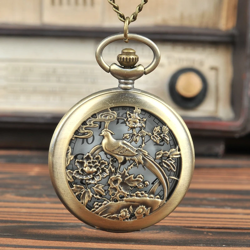 

Vintage Bird Quartz Pocket Watch Men Women Arabic Numeral Necklace Chain Clock Dropshipping
