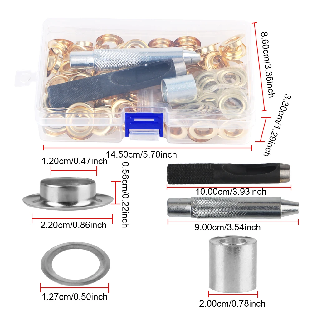 Air Eyelet Corns Tarpaulin Ring Buckle Copper eyelet 100pcs 12mm Metal buckle 1 Sets with box 3 installation tools