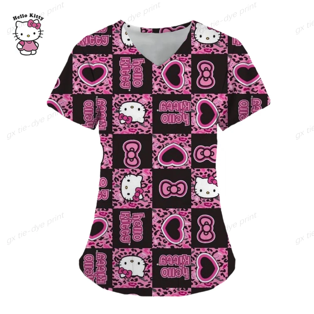 thumbnail image 1 of Uniformes médicos de Hello Kitty para mujer, camisetas de enfermera con estampado de dibujos animados de Hello Kitty, uniforme de novio para mascotas, ropa de cuidado de manga corta, 1 of 5
