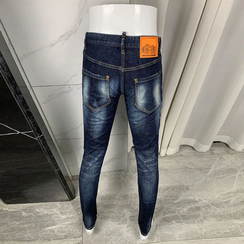 Fashion Designer Men Jeans High Quality Retro Washed Blue Stretch Slim Fit Ripped Jeans Men Vintage Brand Denim Pants Hombre