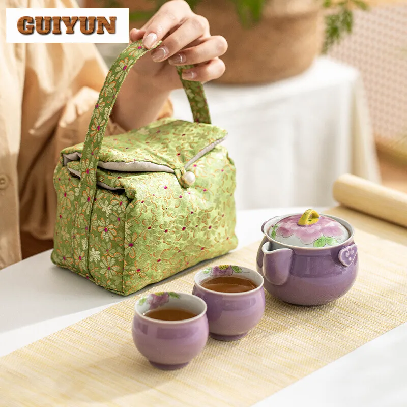 Hand Drawn Purple Peony Travel Tea Set Boutique Hand Grasp Pot Tea Set Kit Elegant 1 Pot 2 Cups Maker Stock Bags Decoration