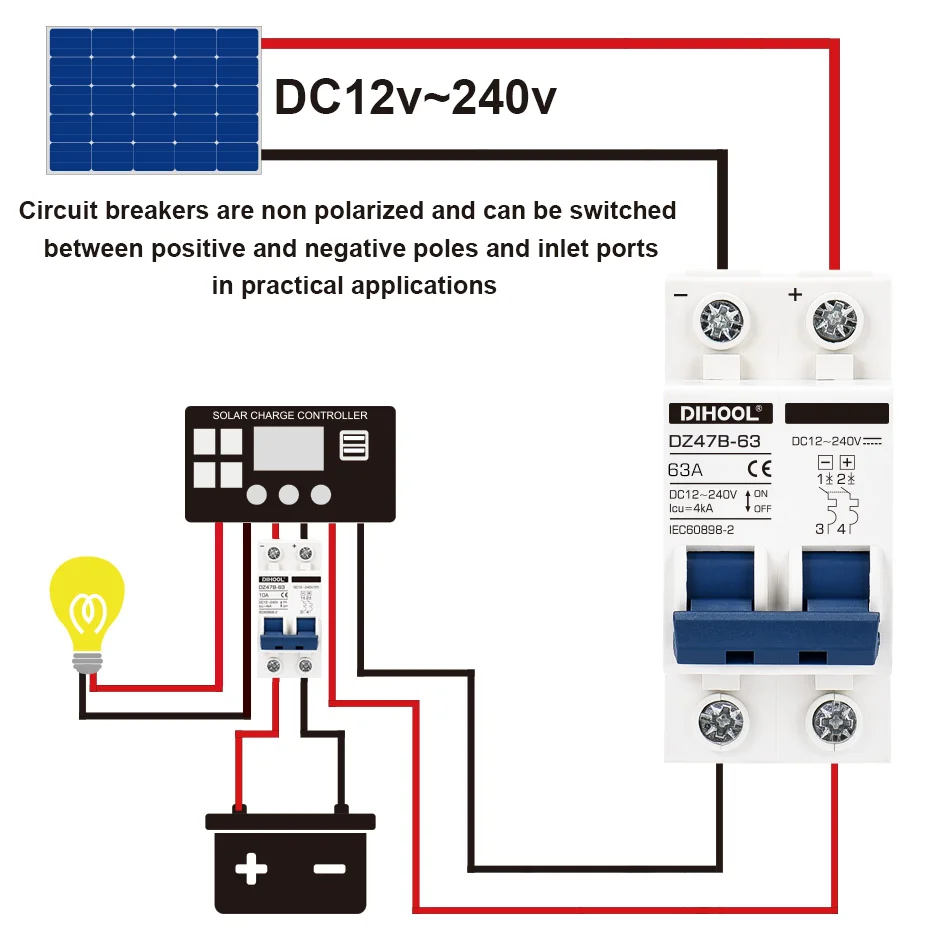 DIHOOL Battery DC Circuit Breaker 12V 24V 48V 72V 96V 6A10A 16A 20A 32A 40A 50A 63A B Curve Overload Short Circuit Protector