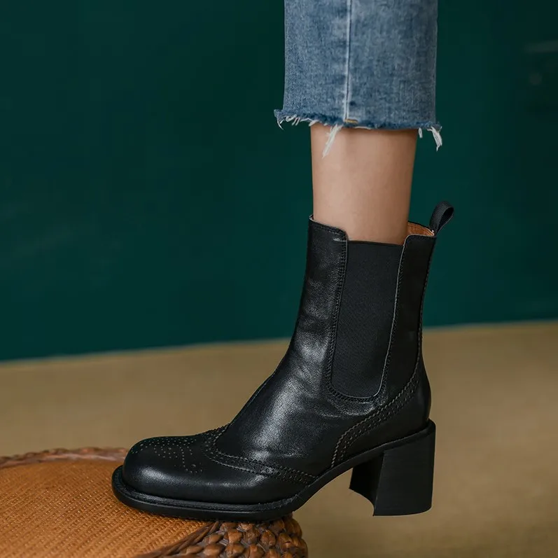 Modern Ladies Shoes Chelsea Boots Women Classic Style Warm Winter Boots Concise Cowhide Boots For Autumn Spring Thick High Heel