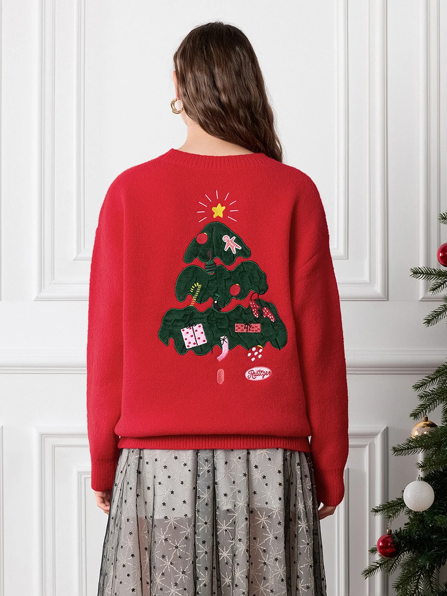 thumbnail image 2 of Suéter de árbol de Navidad para mujer, rojo/verde, hombros caídos, manga larga, cuello redondo, suéteres de punto sueltos acanalados, prendas de punto de invierno, 2 of 5