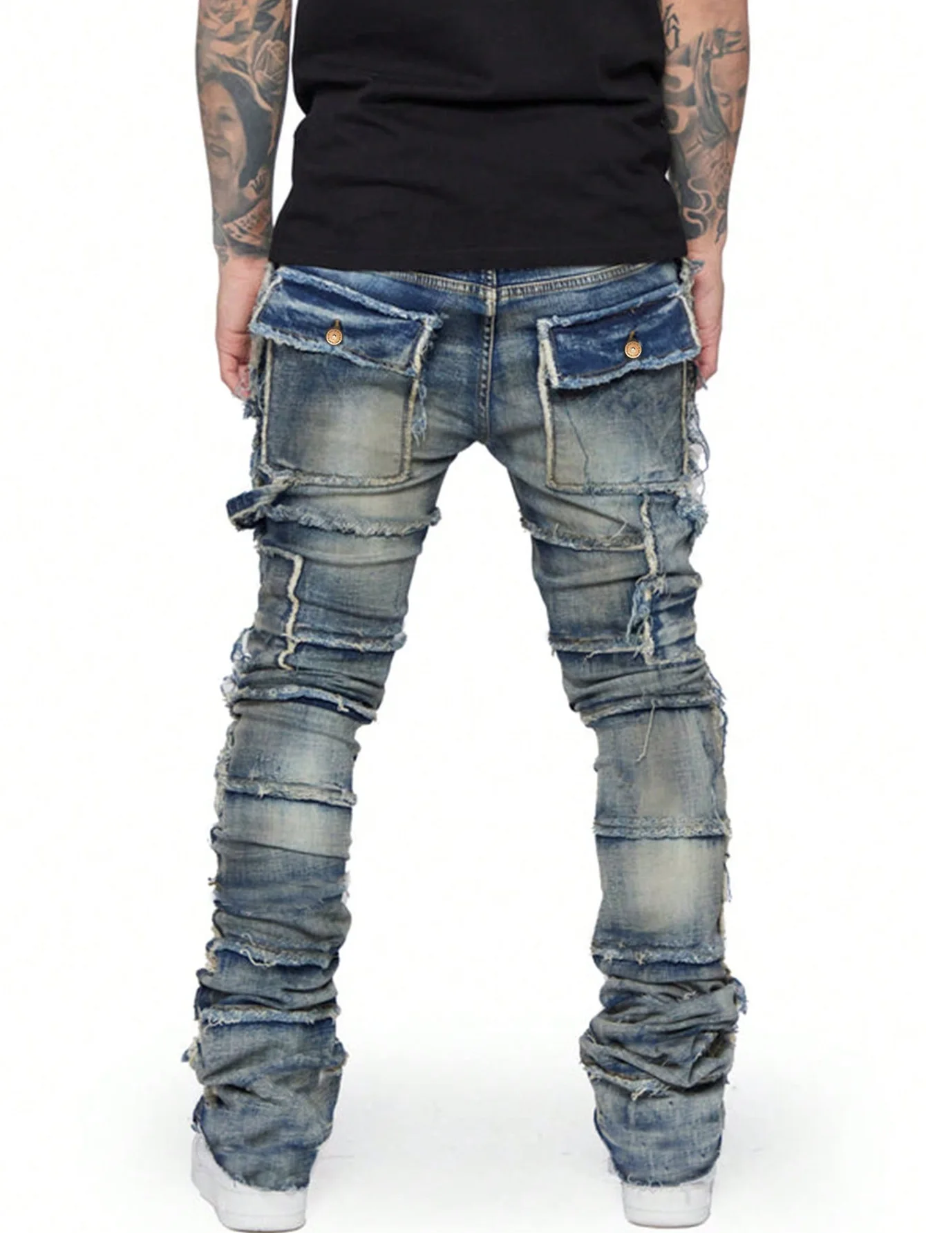 Retro Cargo Jeans Men Stretchy Ripped Washed Y2k Pants Straight Leg Male's Patched Denim Trousers men jeans,ripped jeans,ripped patchwork jeans