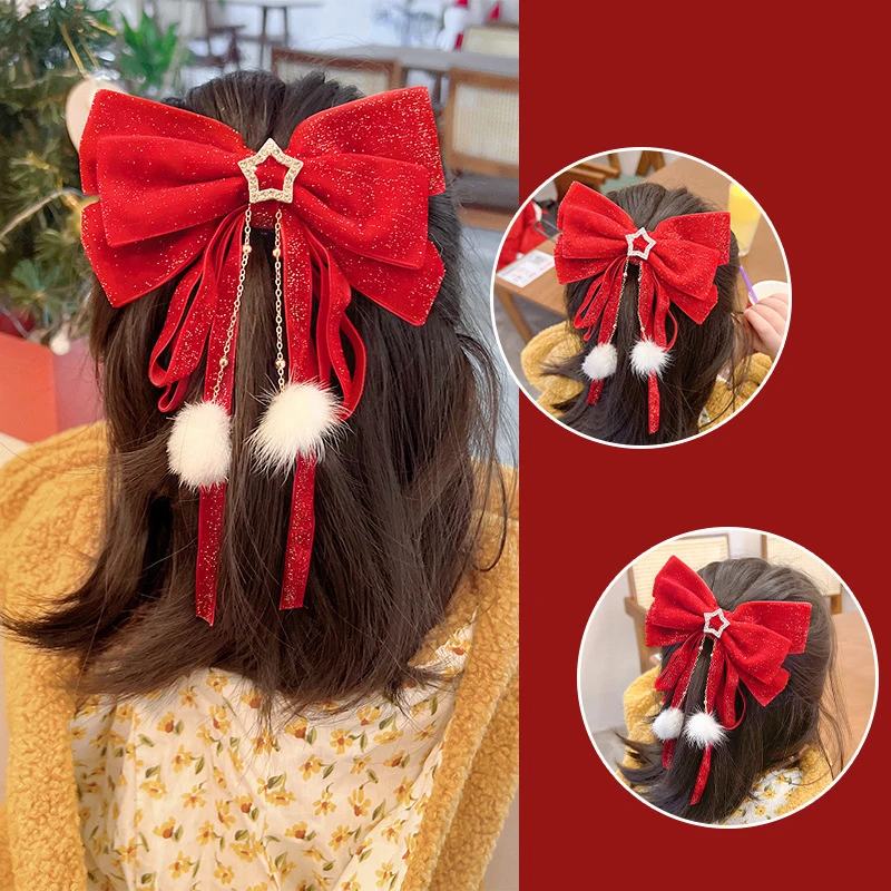 Roter goldener Samtschleife Haarschmuck Weihnachten Neujahr Zubehör Haarspangen für Frauen Mädchen – Detail 3