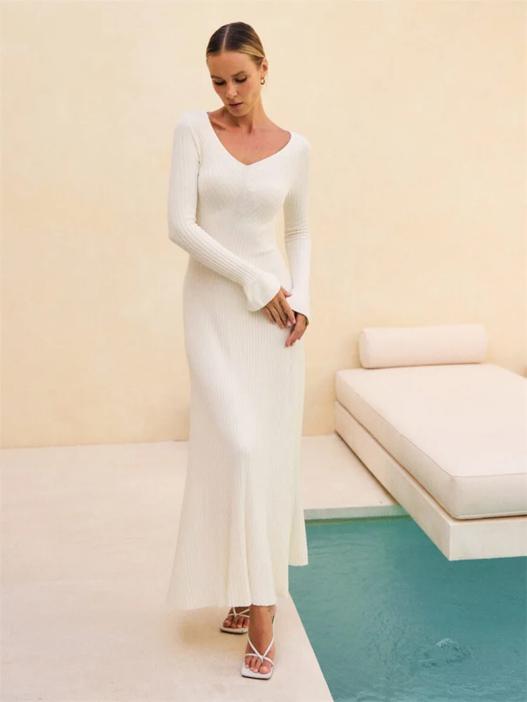 Vestido retro de punto con cuello en V para mujer, suéter de canalé para otoño e invierno, vestido largo elegante, ajustado, con mangas acampanadas, ropa para mujer